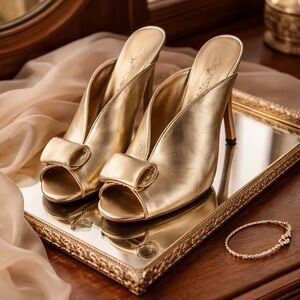 Wild Rose Gold Leather Open-Toe Mule Heels with Bow Detail